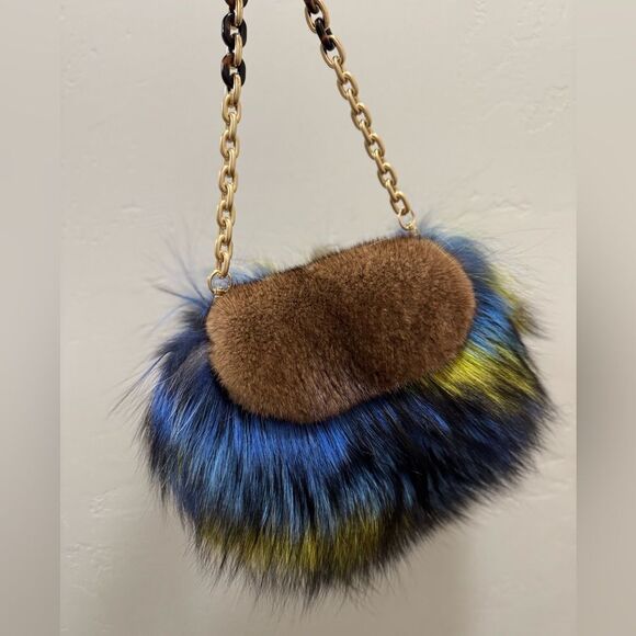 Unique Colorful Real Mink Fur with Finn Raccoon Fur Bag Includes 2 Strap Styles - Picture 12 of 17
